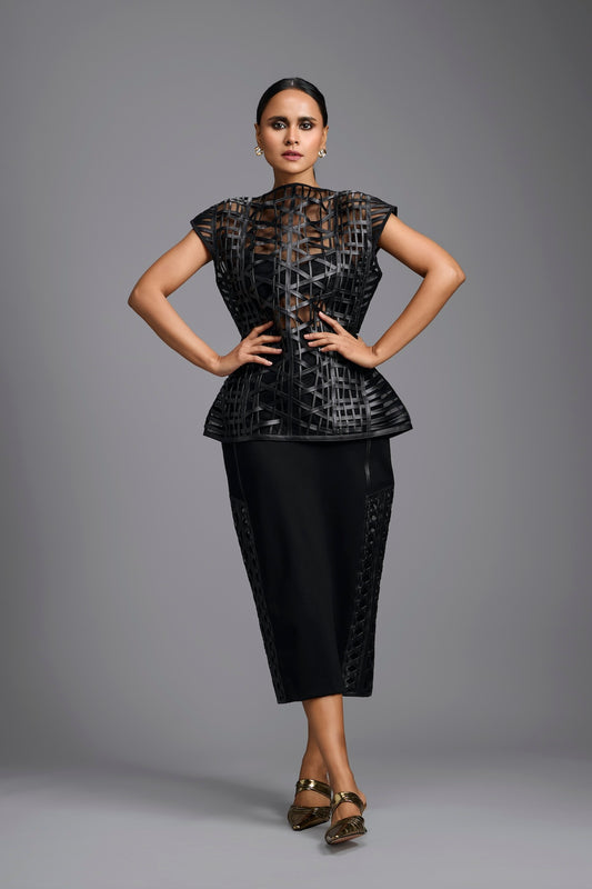 Black Lattice Panel Midi Skirt