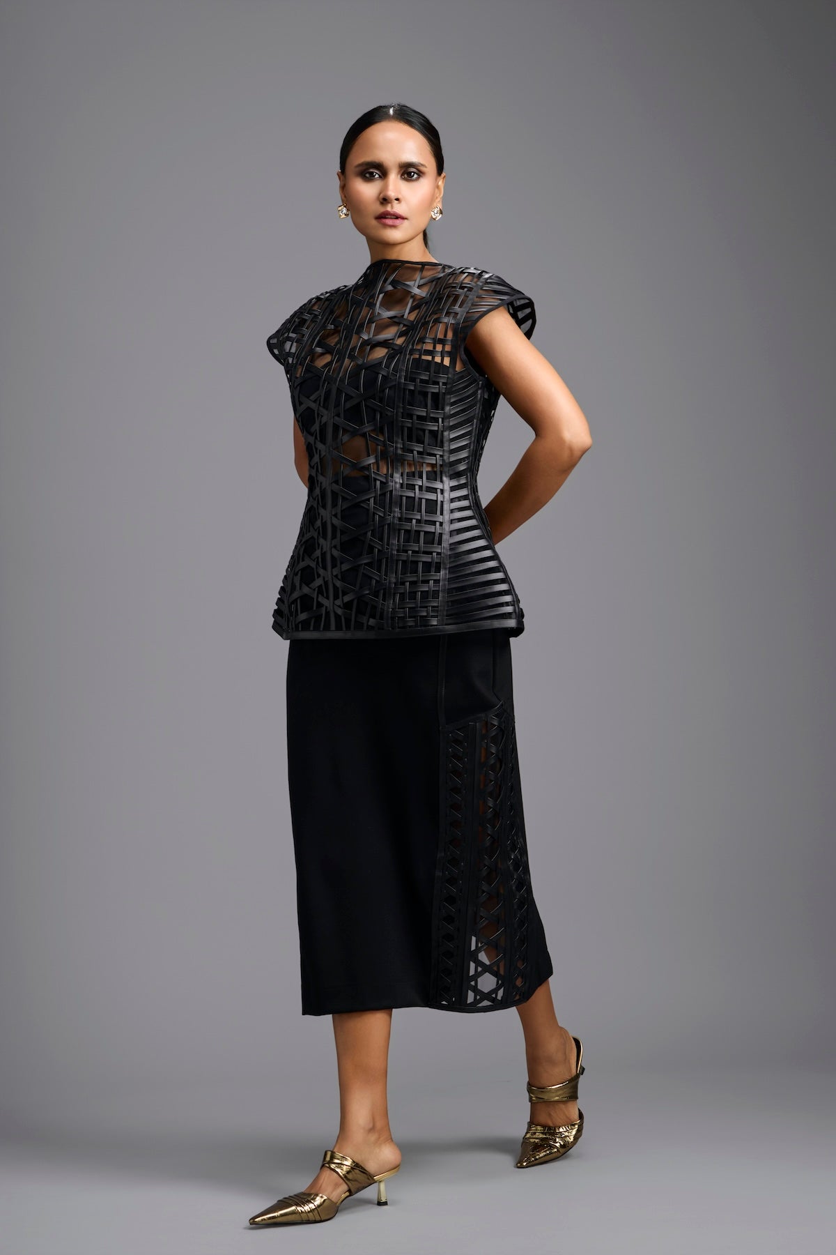 Black Sculpted Lattice Cutwork Top with Paneled Midi Skirt