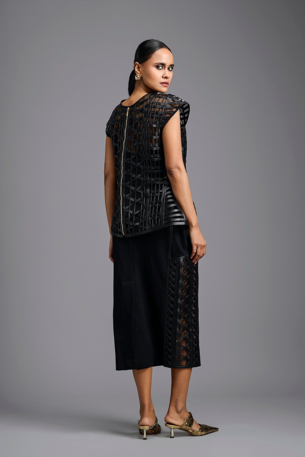 Black Sculpted Lattice Cutwork Top with Paneled Midi Skirt