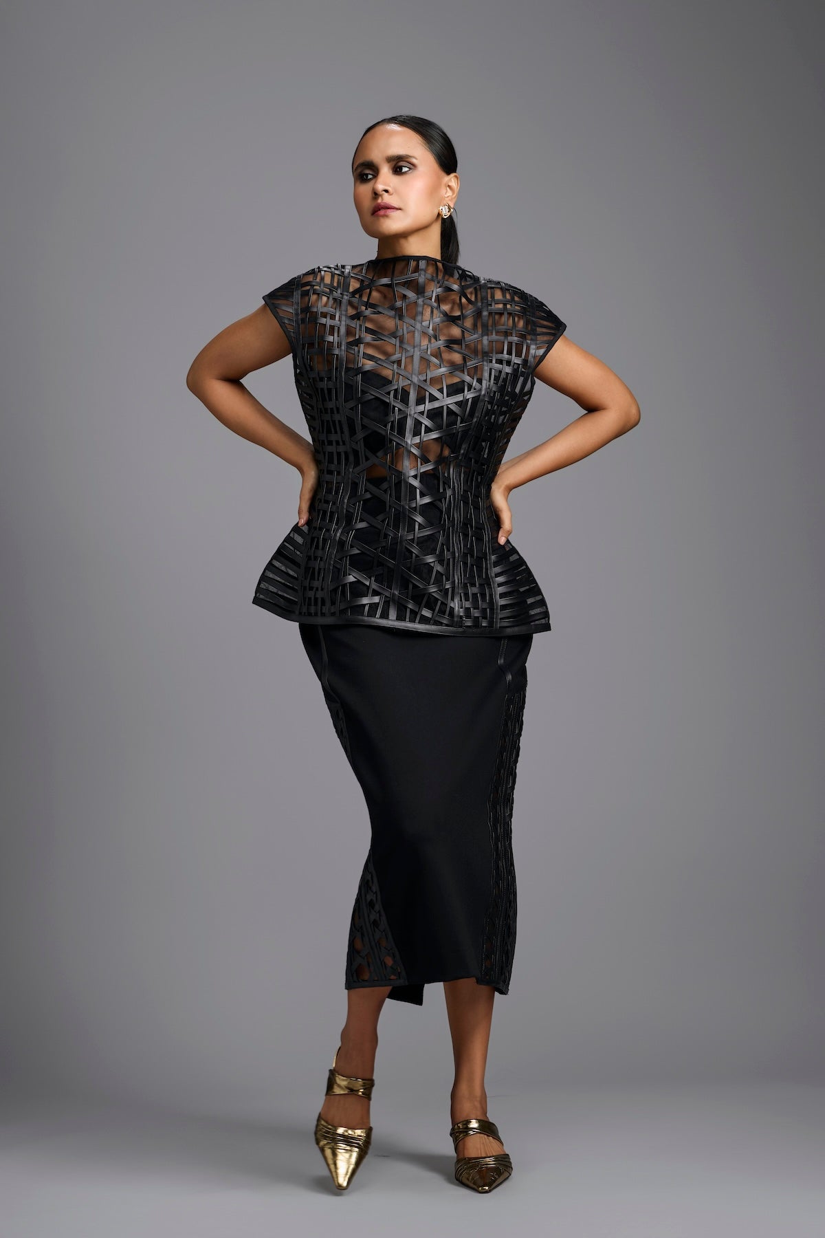 Black Lattice Panel Midi Skirt