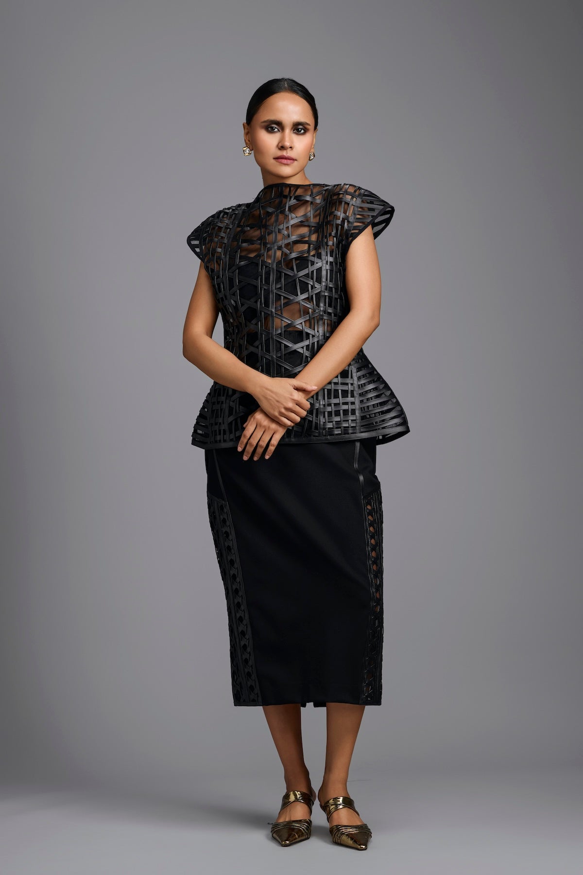 Black Lattice Panel Midi Skirt