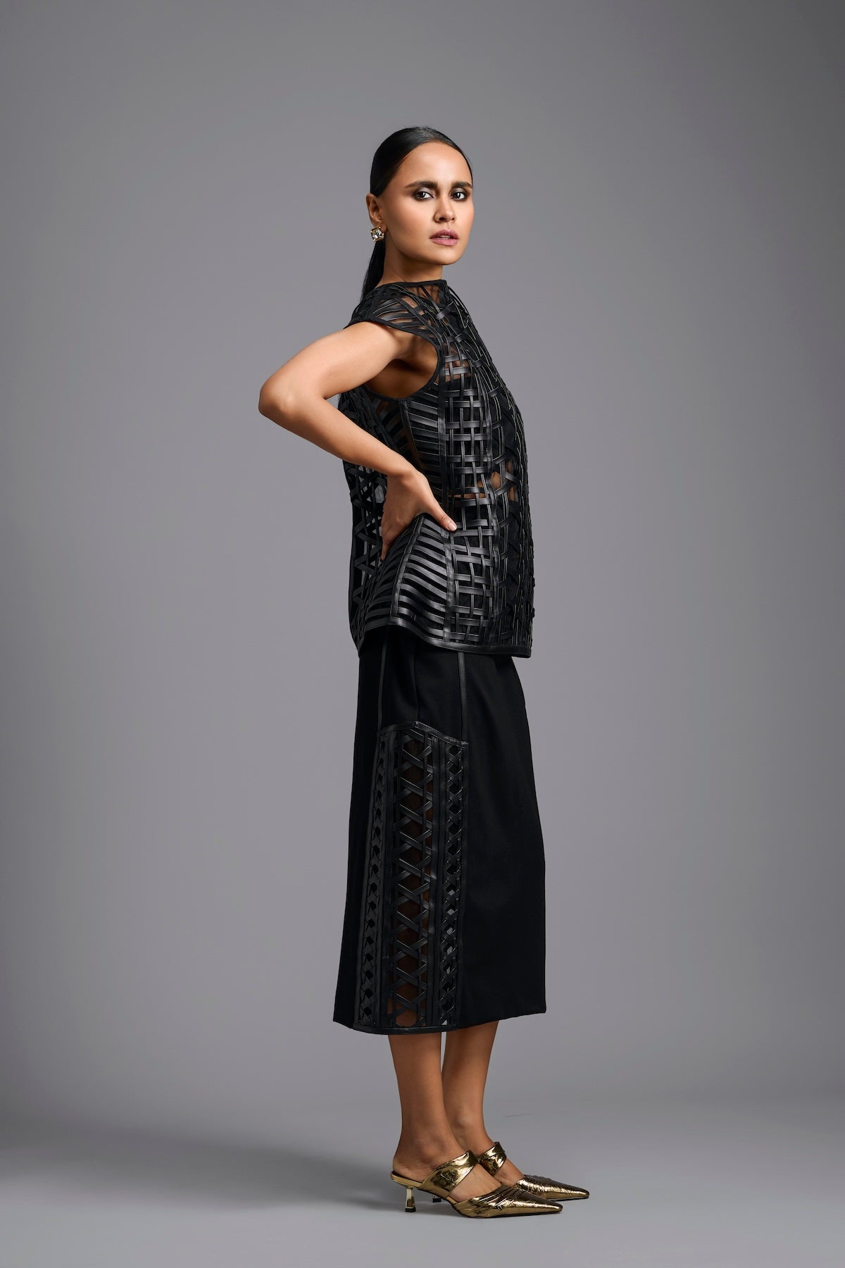 Black Lattice Panel Midi Skirt