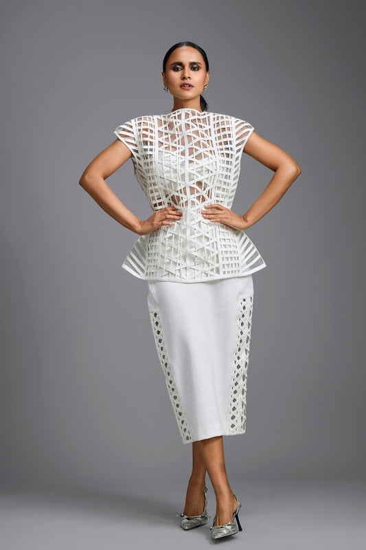 White Lattice Panel Midi Skirt