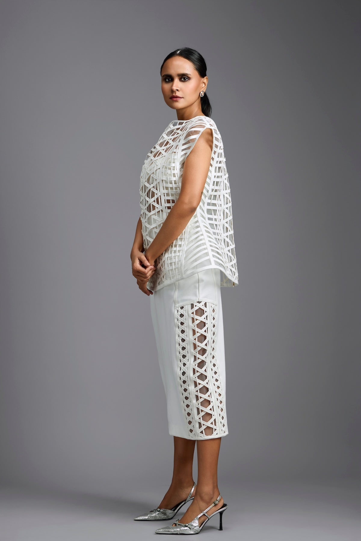 White Sculpted Lattice Cutwork Top with Paneled Midi Skirt