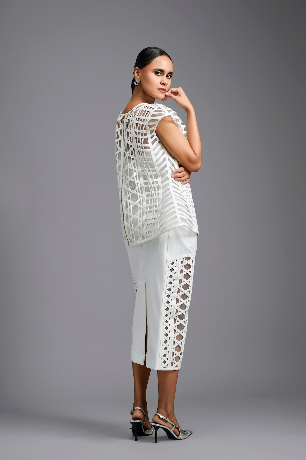 White Sculpted Lattice Cutwork Top with Paneled Midi Skirt