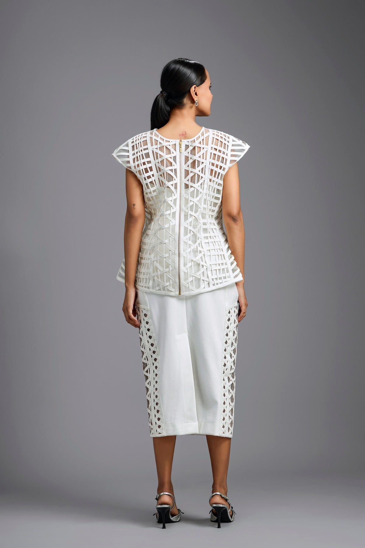 White Sculpted Lattice Cutwork Top with Paneled Midi Skirt