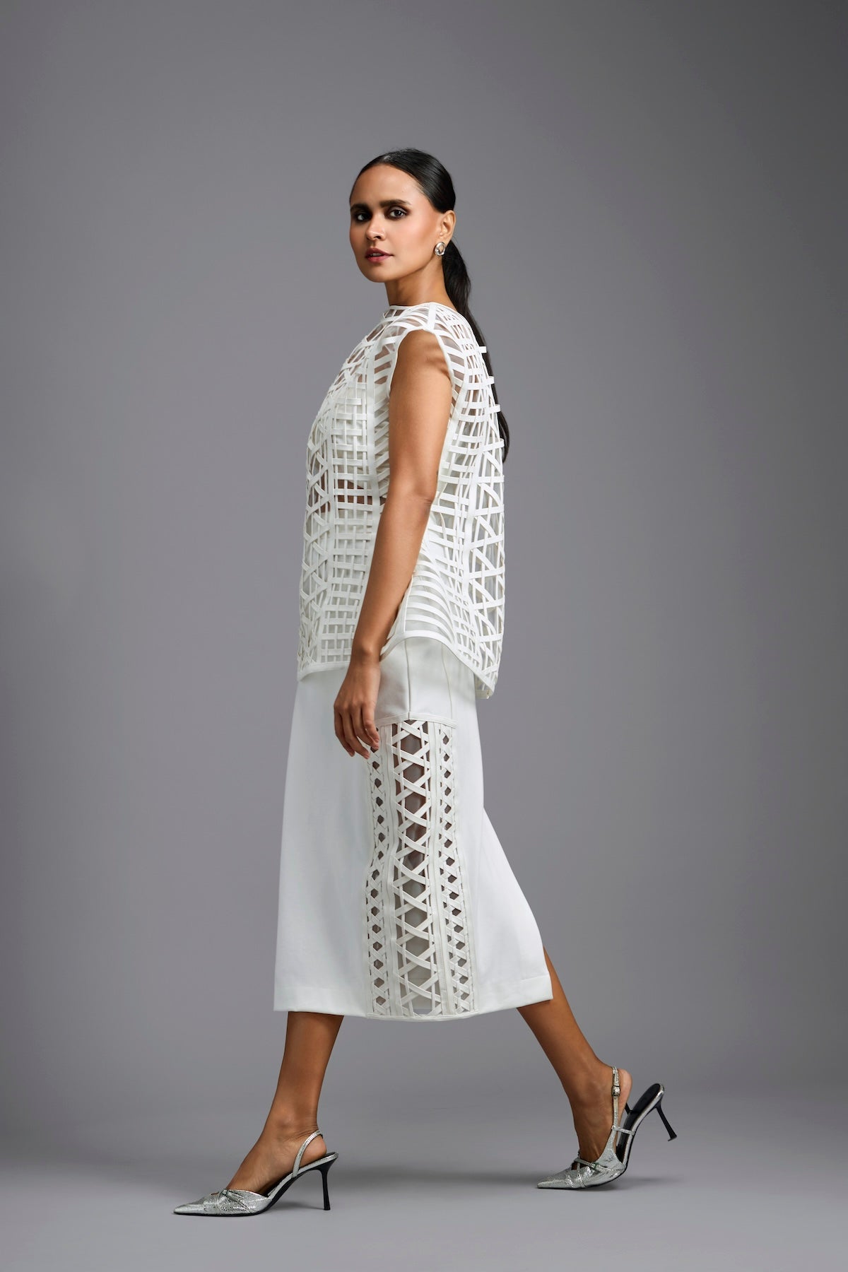 White Sculpted Lattice Cutwork Top with Paneled Midi Skirt