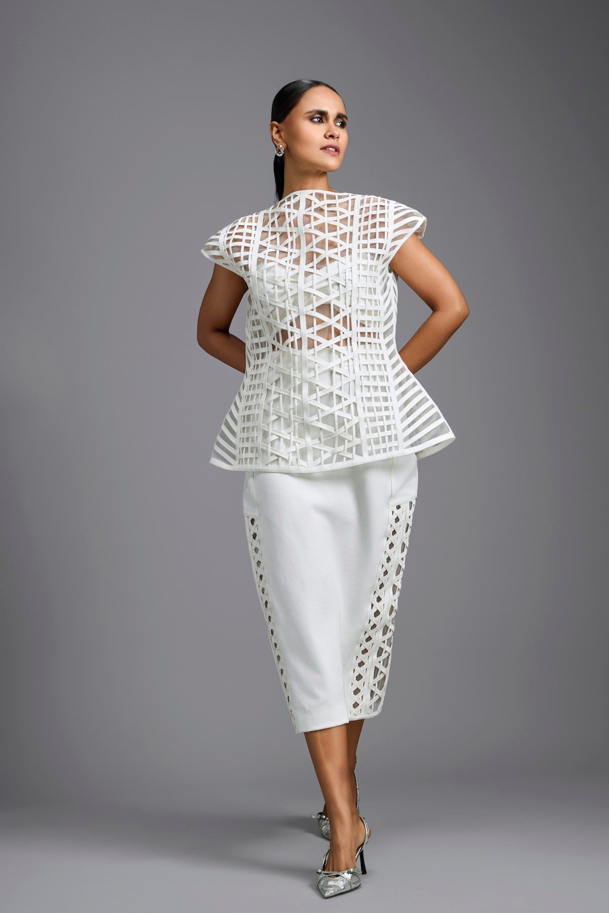 White Sculpted Lattice Cutwork Top with Paneled Midi Skirt