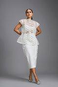 Load image into Gallery viewer, White Sculpted Lattice Cutwork Top with Paneled Midi Skirt
