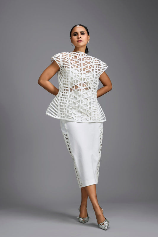 White Sculpted Lattice Cutwork Top with Paneled Midi Skirt