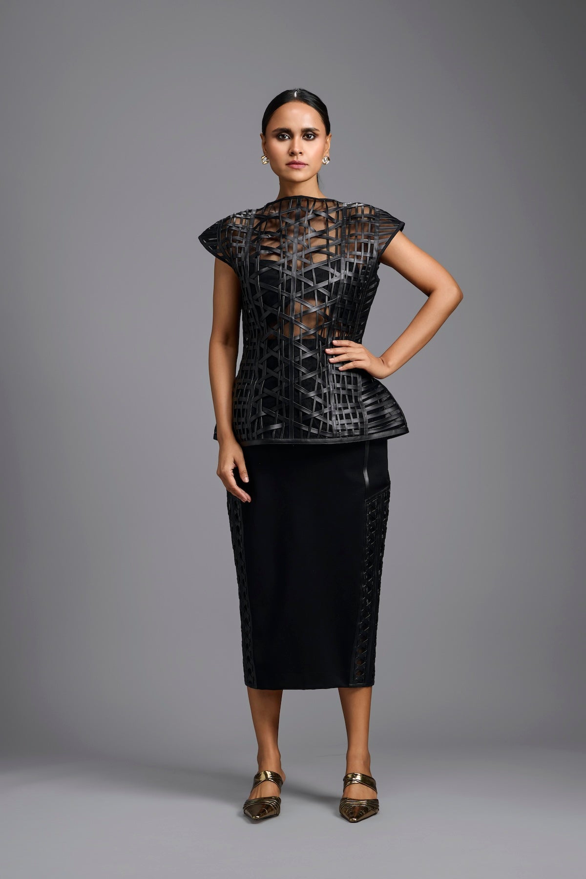 Black Sculpted Lattice Top