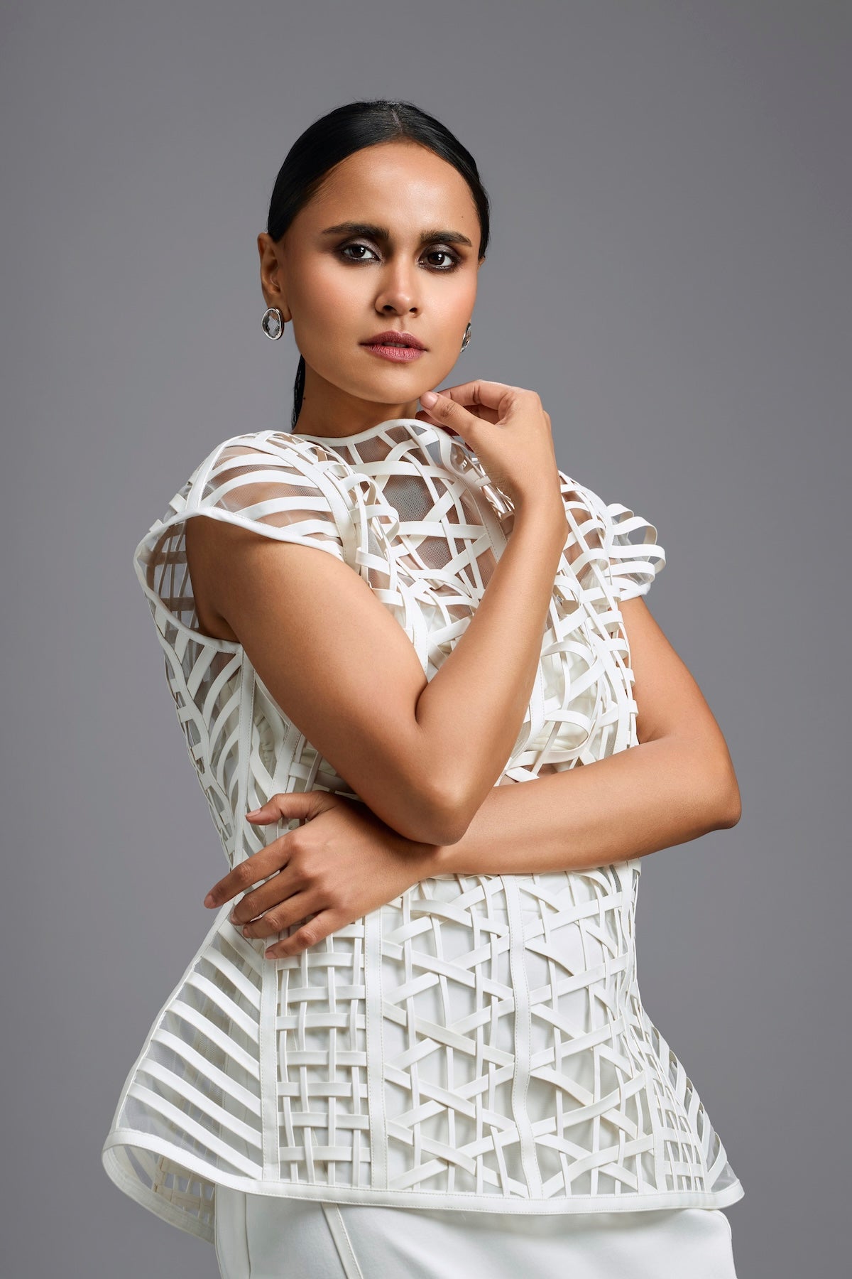 White Sculpted Lattice Top