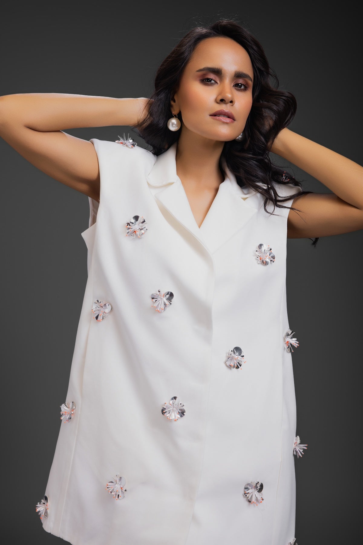 White Blazer Dress With Neon Embroidery Detail