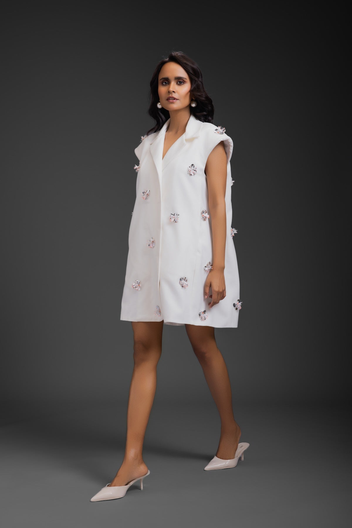 White Blazer Dress With Neon Embroidery Detail