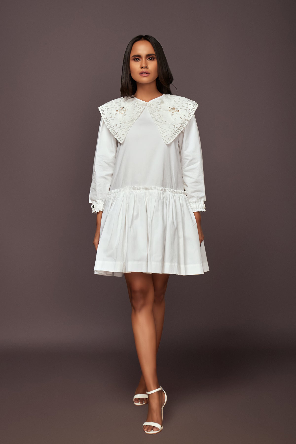 White Dress With Puff Sleeves And Frill Bottom