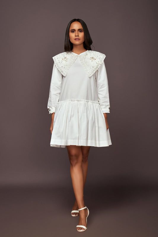 White Dress With Puff Sleeves And Frill Bottom