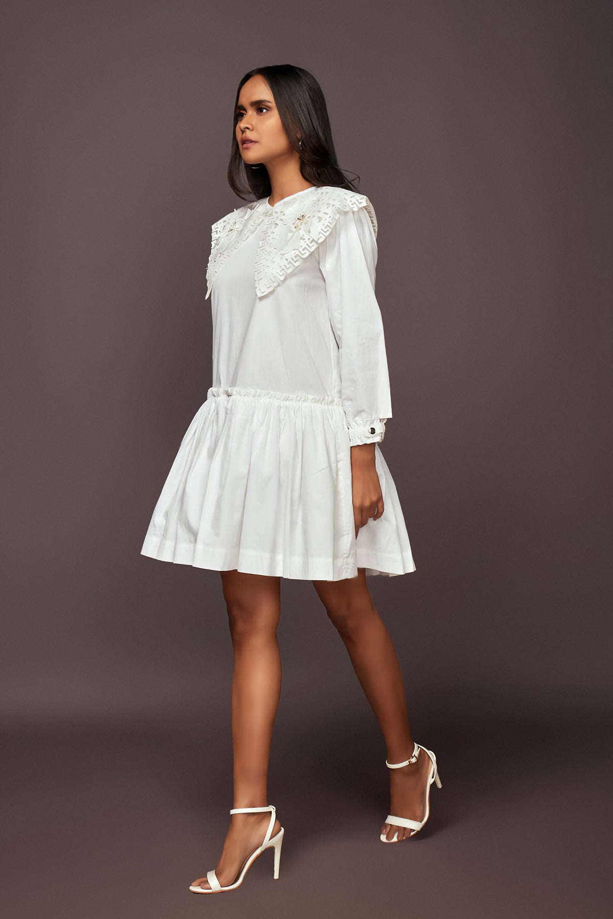 White Dress With Puff Sleeves And Frill Bottom