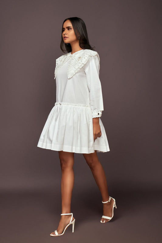 White Dress With Puff Sleeves And Frill Bottom