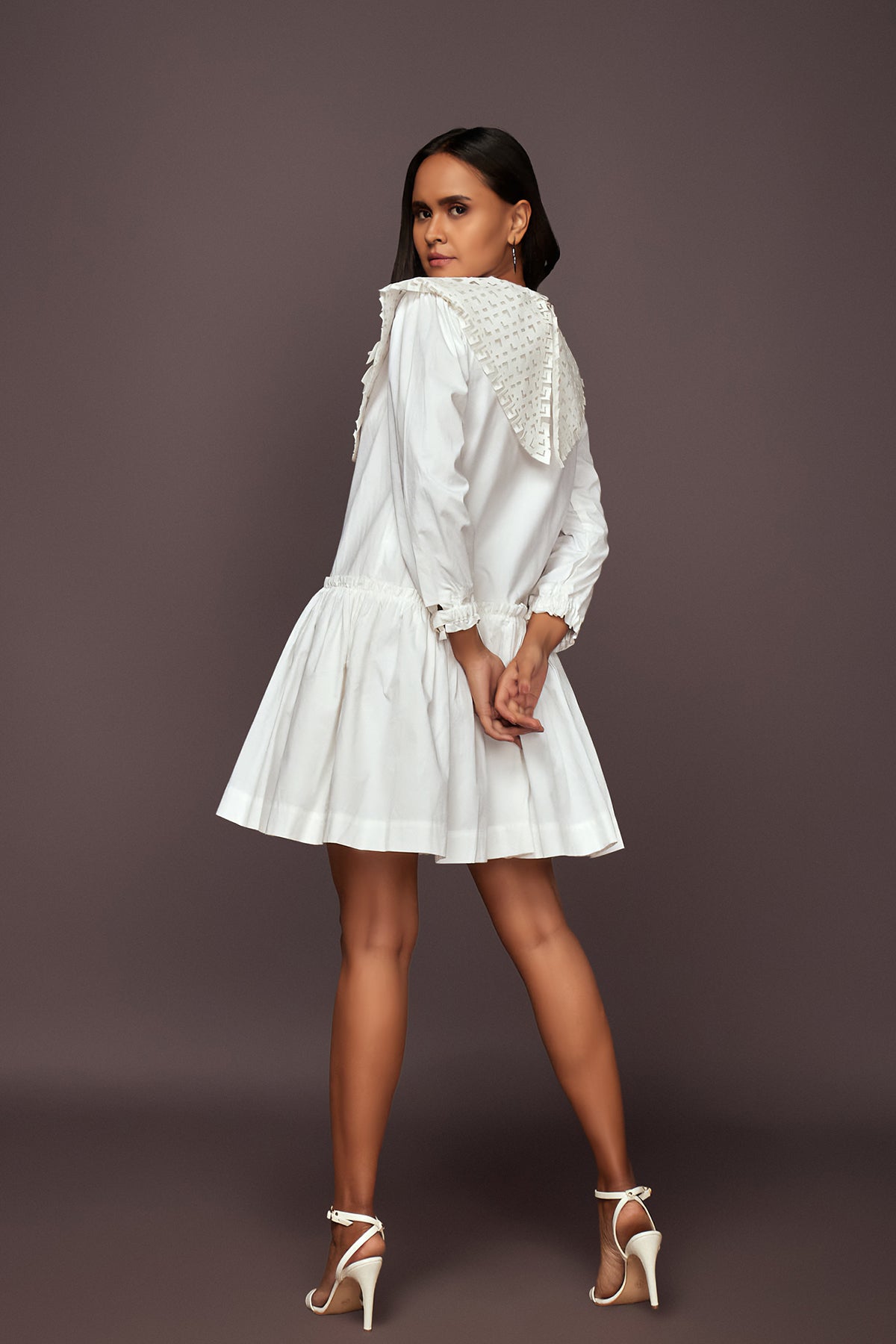 White Dress With Puff Sleeves And Frill Bottom