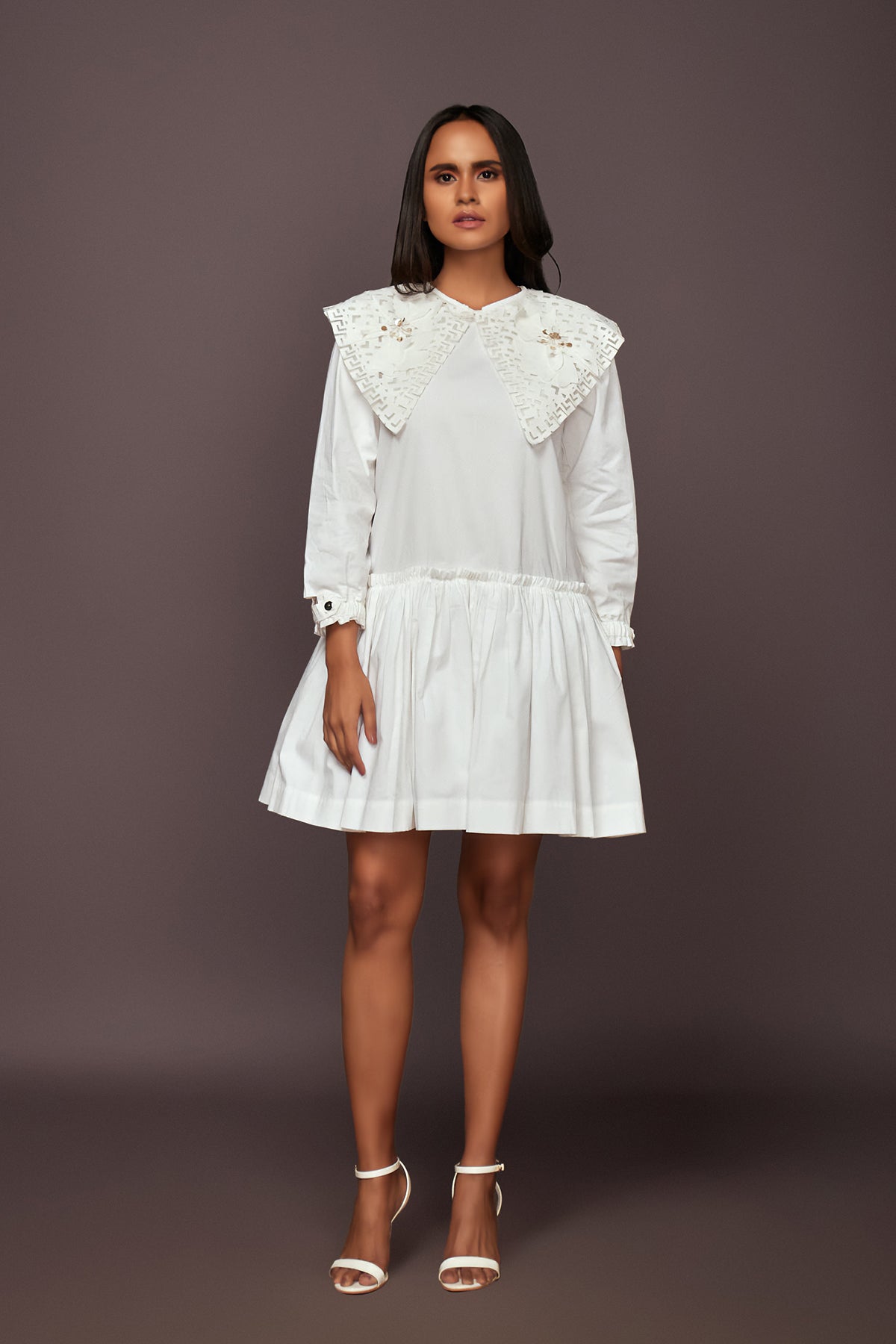 White Dress With Puff Sleeves And Frill Bottom