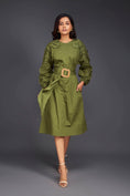 Load image into Gallery viewer, Green Midi Dress With Pleated Frill Detailing On Sleeves Comes With Belt
