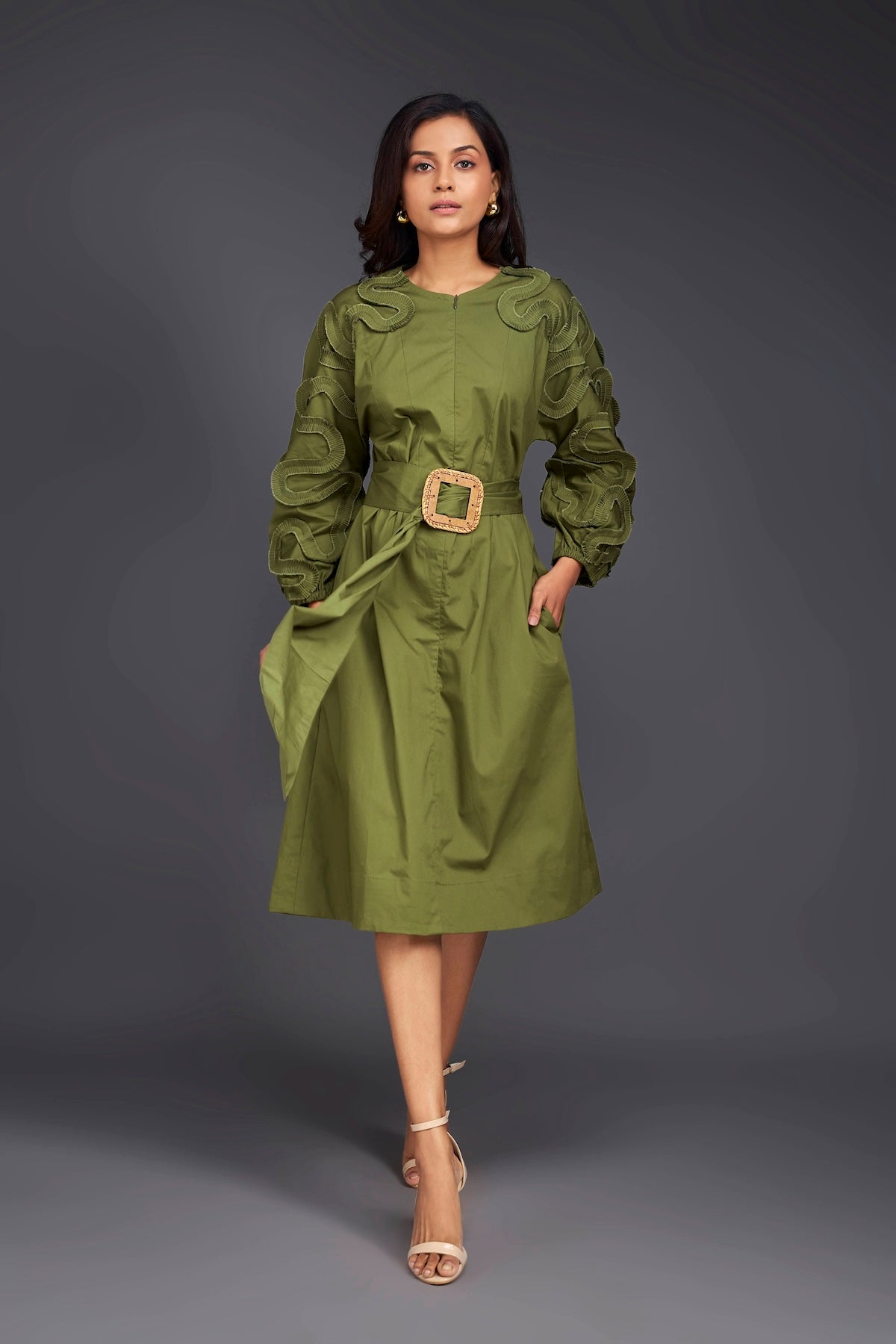 Green Midi Dress With Pleated Frill Detailing On Sleeves Comes With Belt