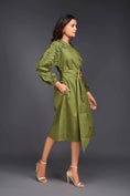 Load image into Gallery viewer, Green Midi Dress With Pleated Frill Detailing On Sleeves Comes With Belt
