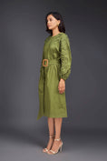 Load image into Gallery viewer, Green Midi Dress With Pleated Frill Detailing On Sleeves Comes With Belt
