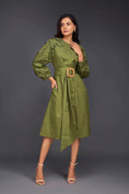 Load image into Gallery viewer, Green Midi Dress With Pleated Frill Detailing On Sleeves Comes With Belt
