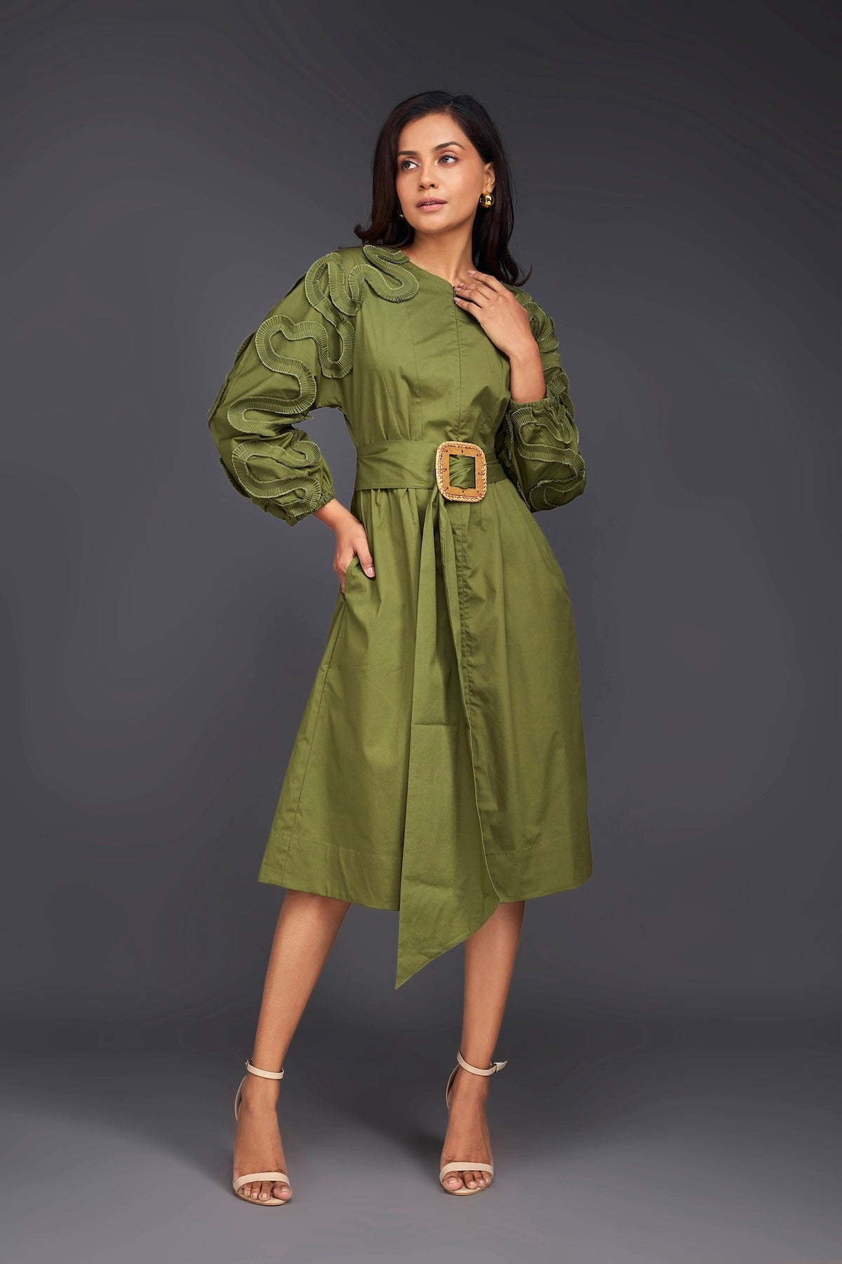 Green Midi Dress With Pleated Frill Detailing On Sleeves Comes With Belt