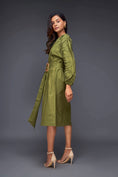 Load image into Gallery viewer, Green Midi Dress With Pleated Frill Detailing On Sleeves Comes With Belt
