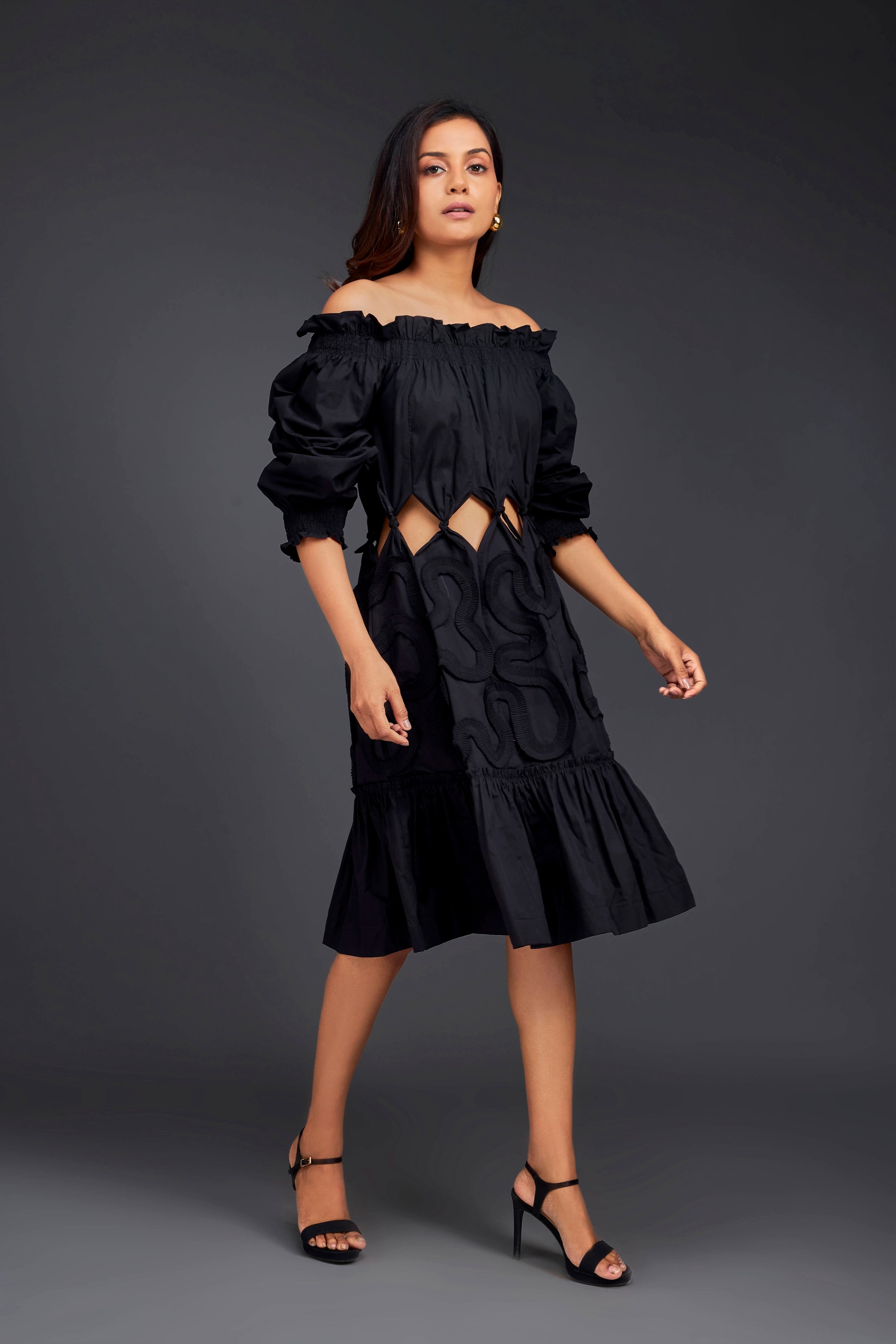 Black Off-shoulder Dress With Waist Cutouts And Pleated Frill Detailing