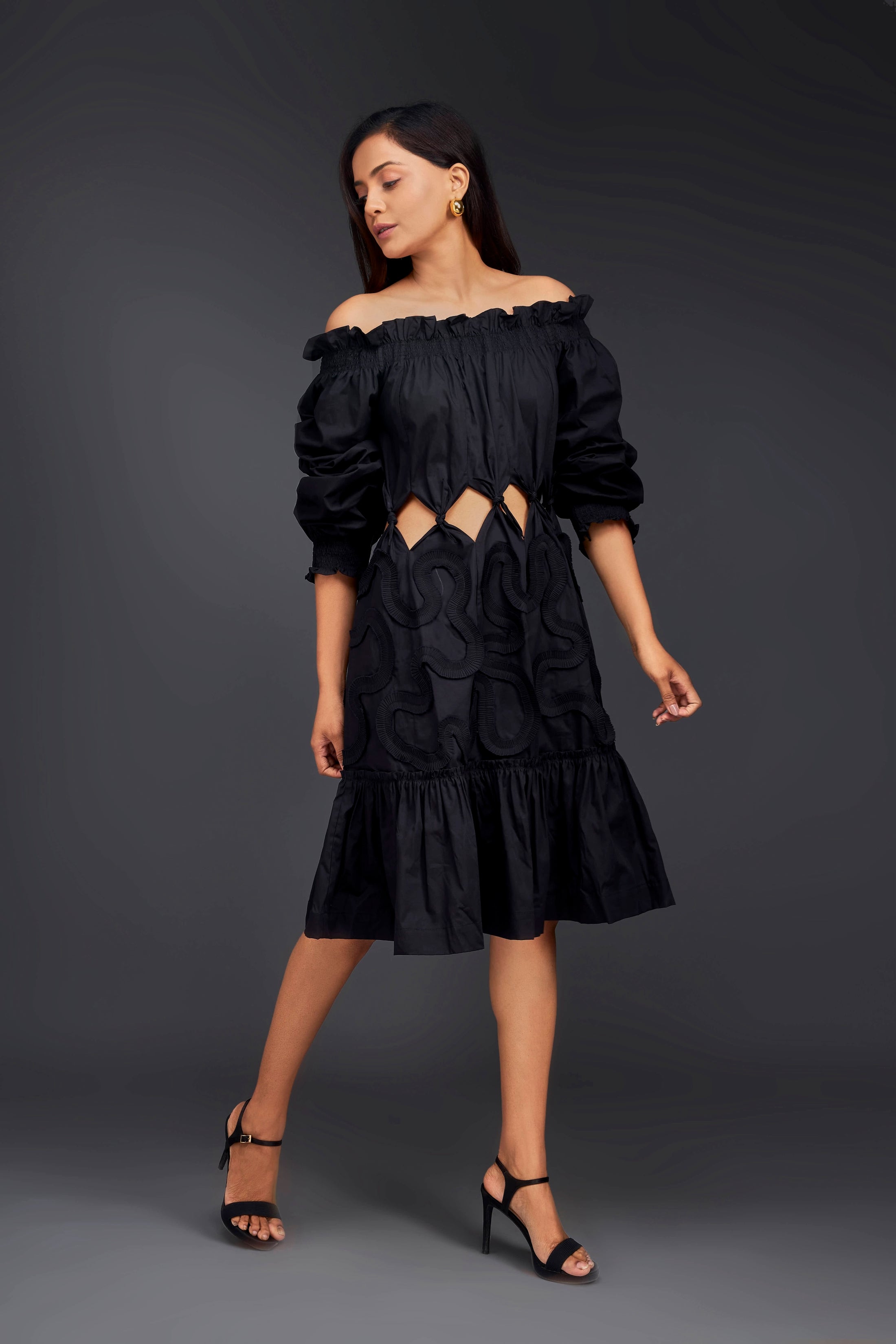 Black Off-shoulder Dress With Waist Cutouts And Pleated Frill Detailing