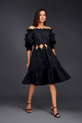 Load image into Gallery viewer, Black Off-shoulder Dress With Waist Cutouts And Pleated Frill Detailing
