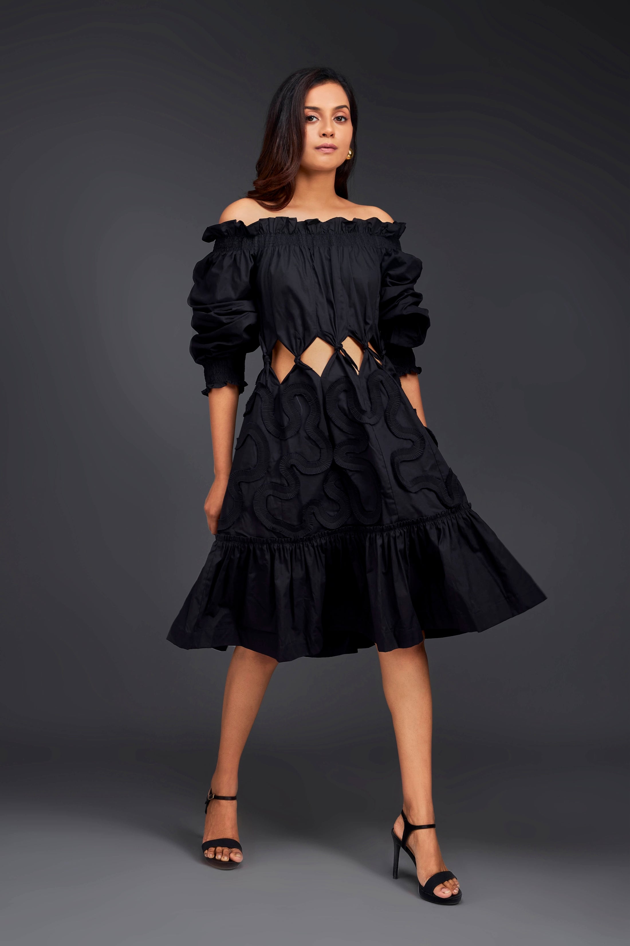 Black Off-shoulder Dress With Waist Cutouts And Pleated Frill Detailing