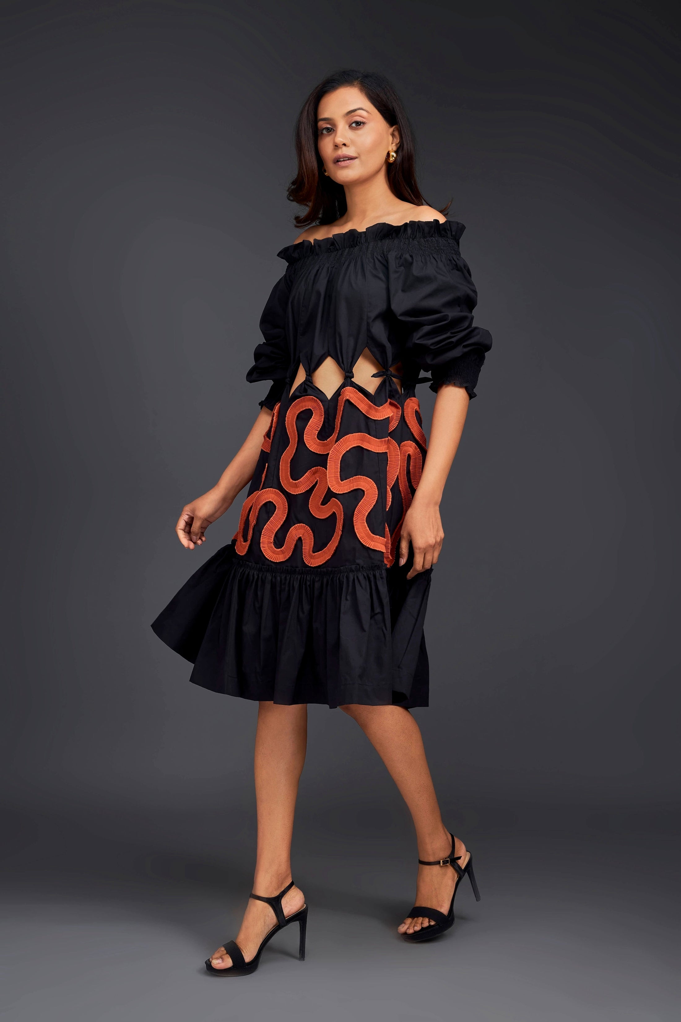 Black Off-Shoulder Dress With Waist Cutouts And Pleated Frill Detailing
