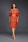 Load image into Gallery viewer, Rust Off-shoulder Dress With Waist Cutouts And Pleated Frill Detailing
