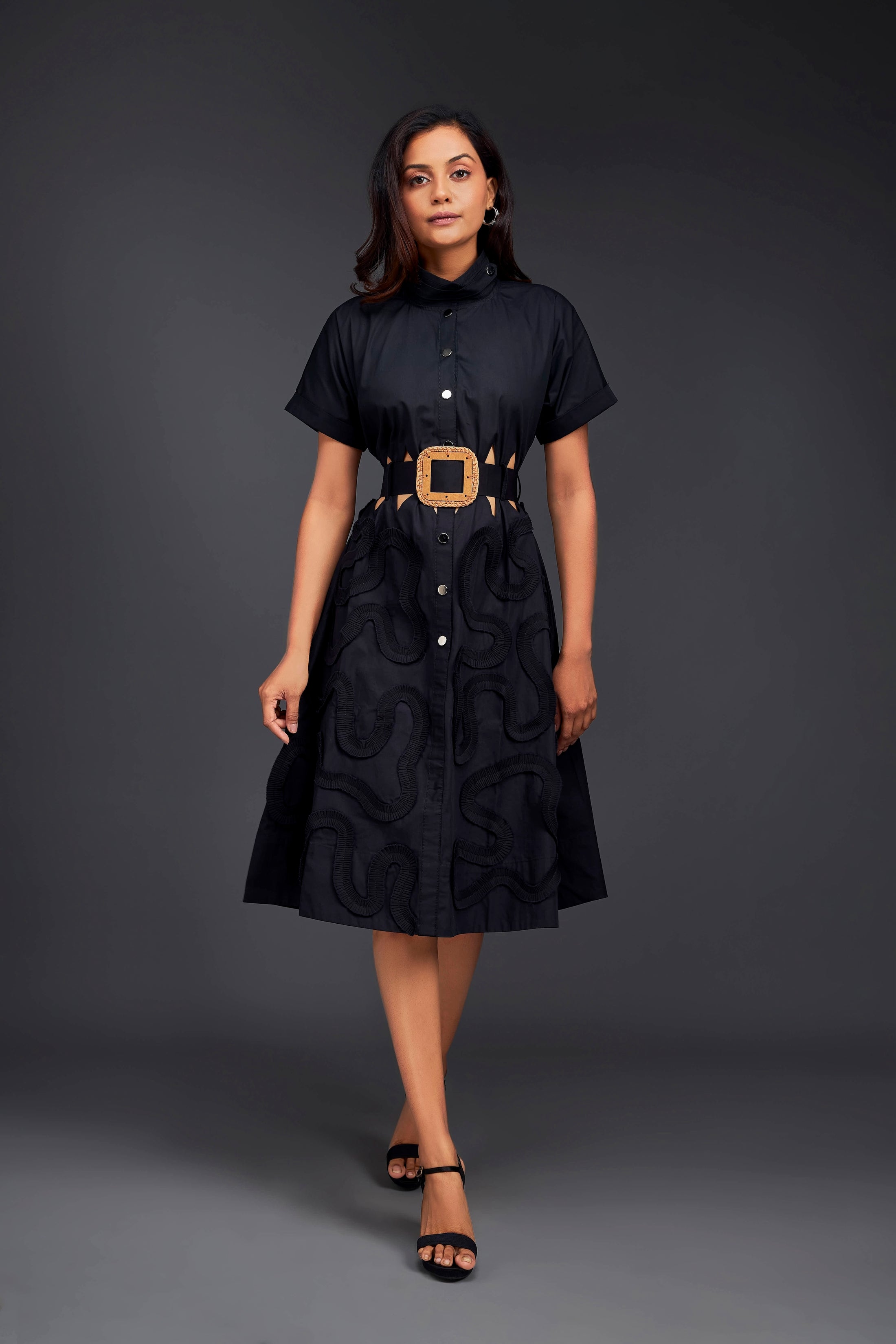 A-line Button Down Dress With Waist Cutouts Comes With Belt