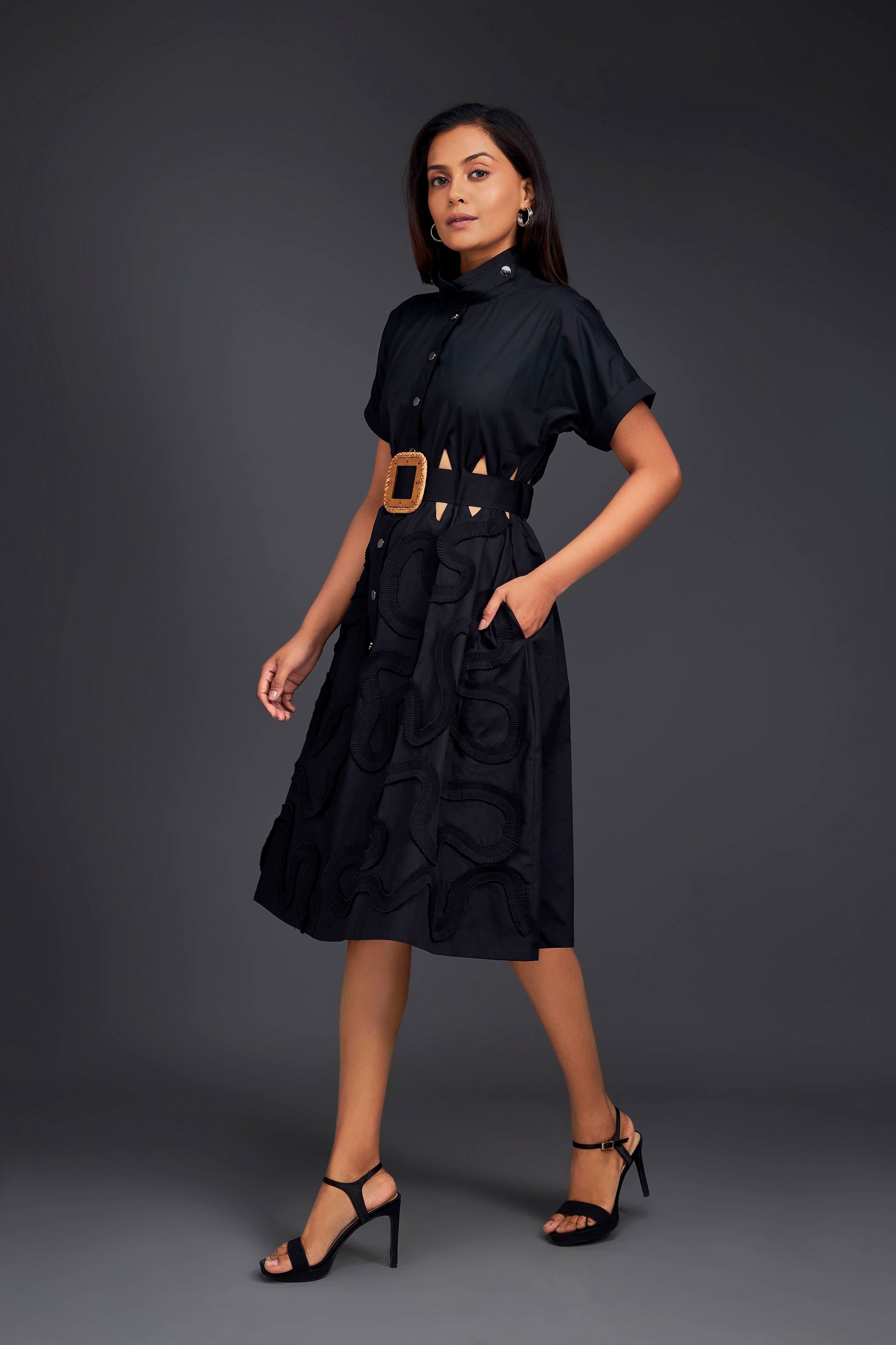 A-line Button Down Dress With Waist Cutouts Comes With Belt