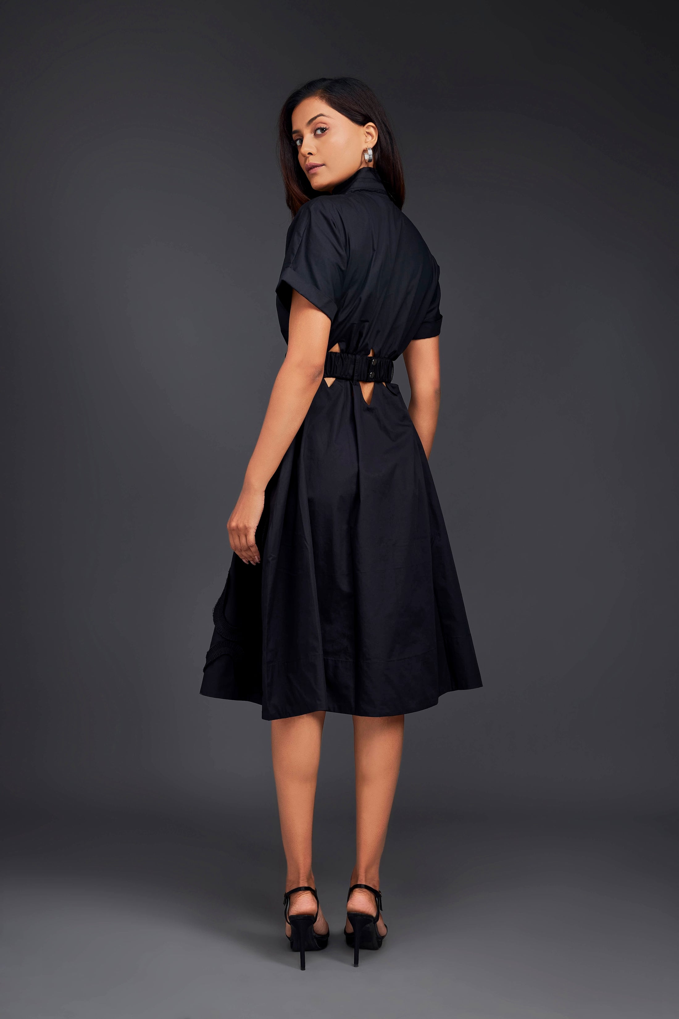 A-line Button Down Dress With Waist Cutouts Comes With Belt