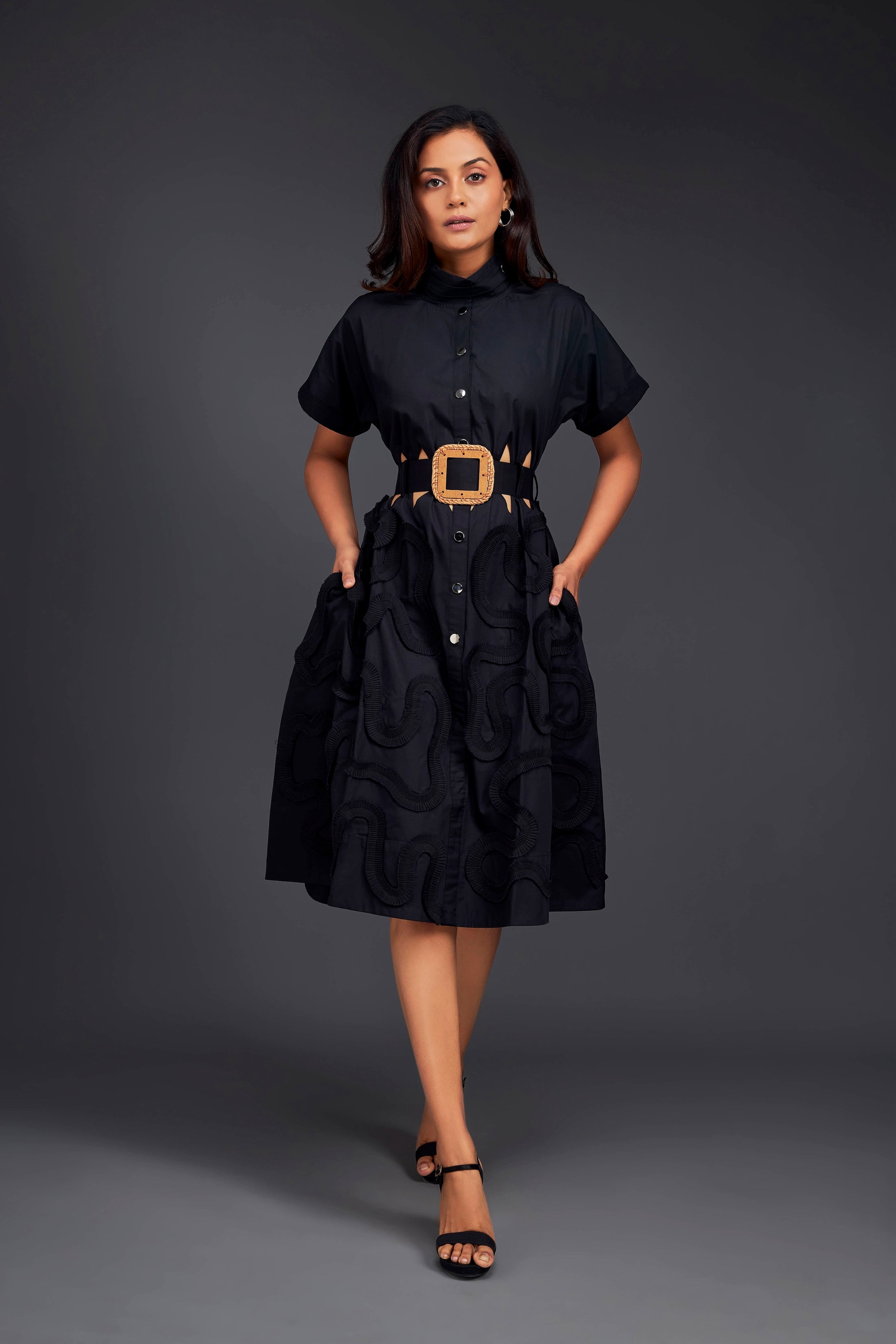 A-line Button Down Dress With Waist Cutouts Comes With Belt