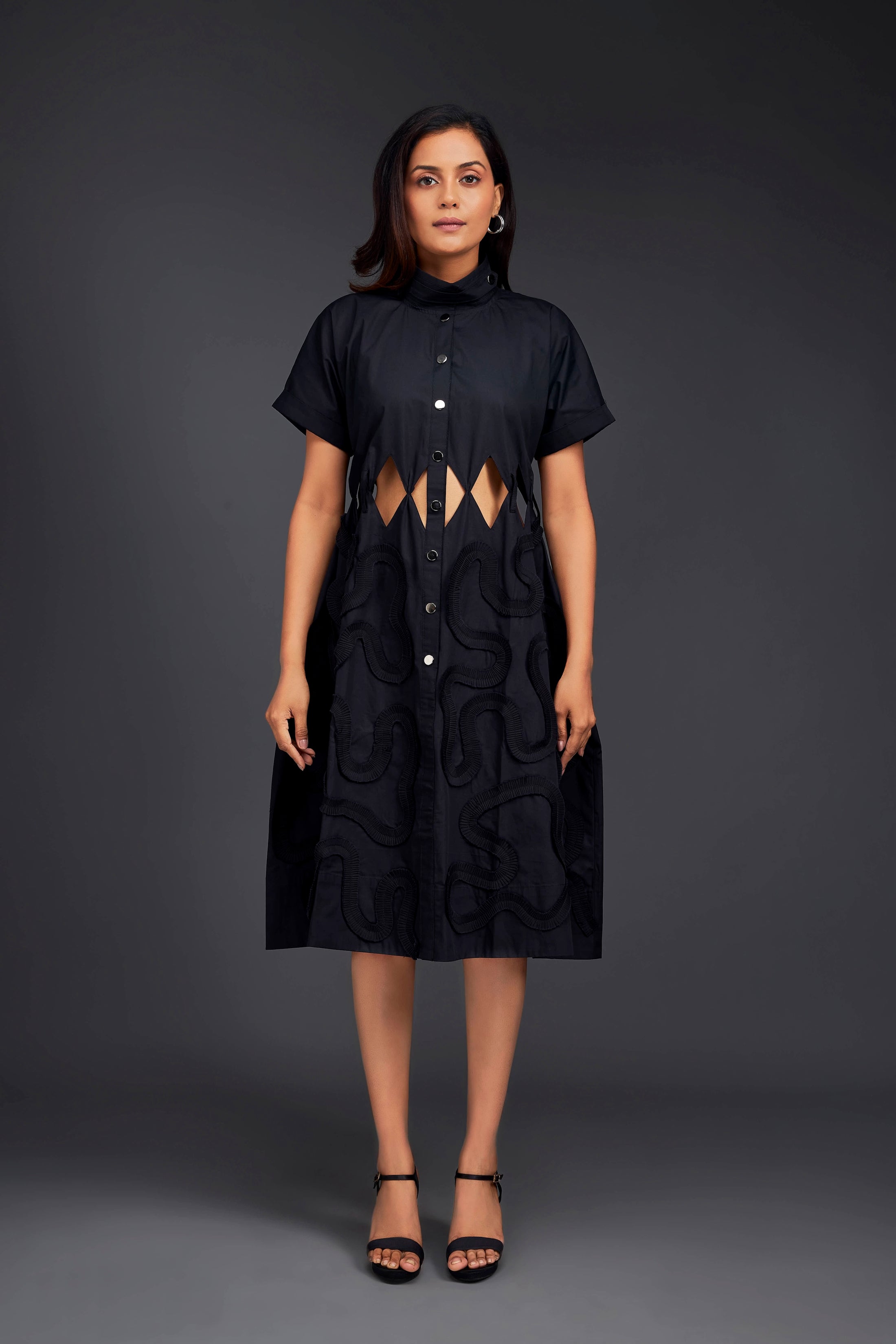 A-line Button Down Dress With Waist Cutouts Comes With Belt