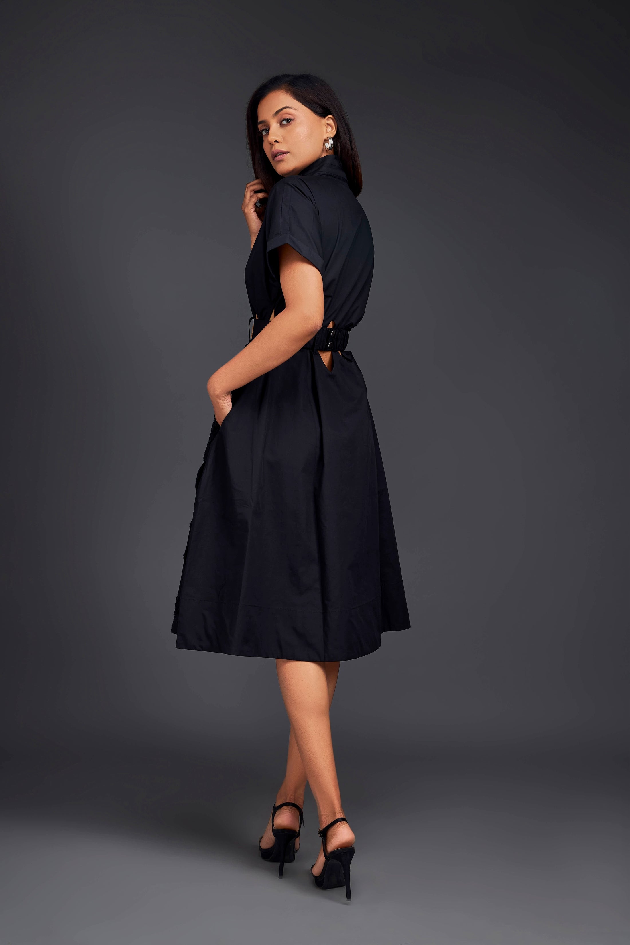 A-line Button Down Dress With Waist Cutouts Comes With Belt