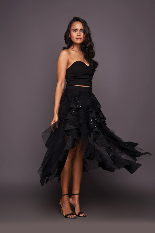 Black Corset Top With Sequin Ruffled Skirt