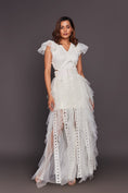 Load image into Gallery viewer, White V Neck Ruffled Dress With Cutwork And Sequin Belt
