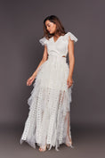 Load image into Gallery viewer, White V Neck Ruffled Dress With Cutwork And Sequin Belt
