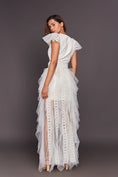 Load image into Gallery viewer, White V Neck Ruffled Dress With Cutwork And Sequin Belt
