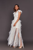 Load image into Gallery viewer, White V Neck Ruffled Dress With Cutwork And Sequin Belt
