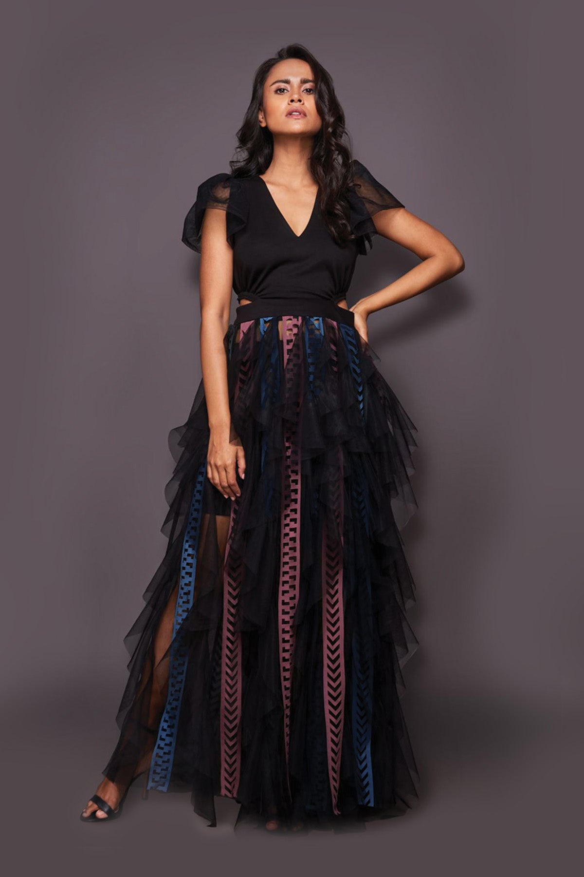 Black Multi V Neck Ruffled Dress With Cutwork