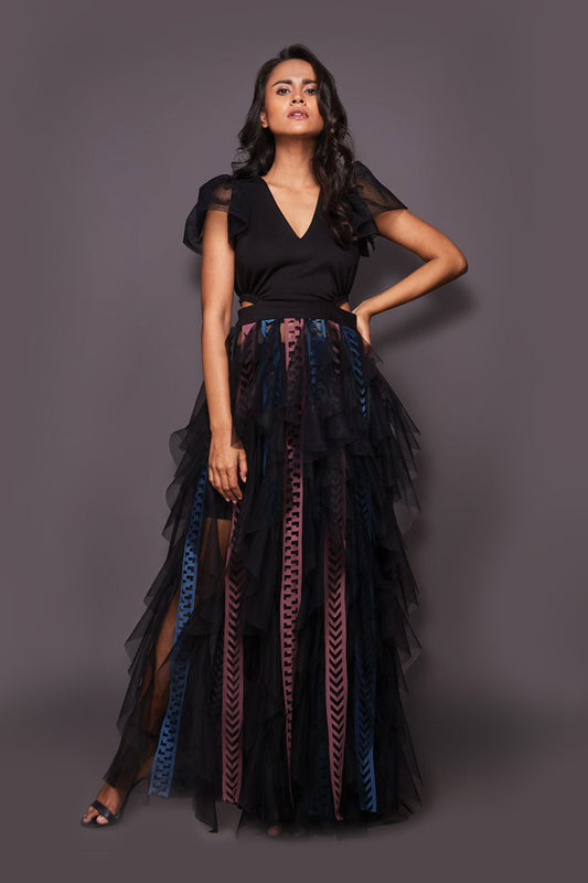 Black Multi V Neck Ruffled Dress With Cutwork